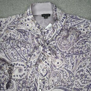 Ann Taylor Top XL Shimmer Clip Paisley Bow Blouse Purple Gold Sheer Tie Neck